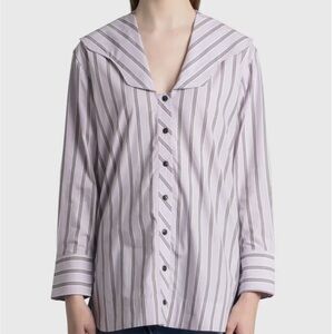 GANNI V Neck Stripe OverSized Cotton Poplin Purple Shirt Size 32